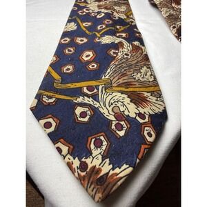 ADAMS ROW Mens Silk Necktie‎ Blue Geometric Floral Bird Motif